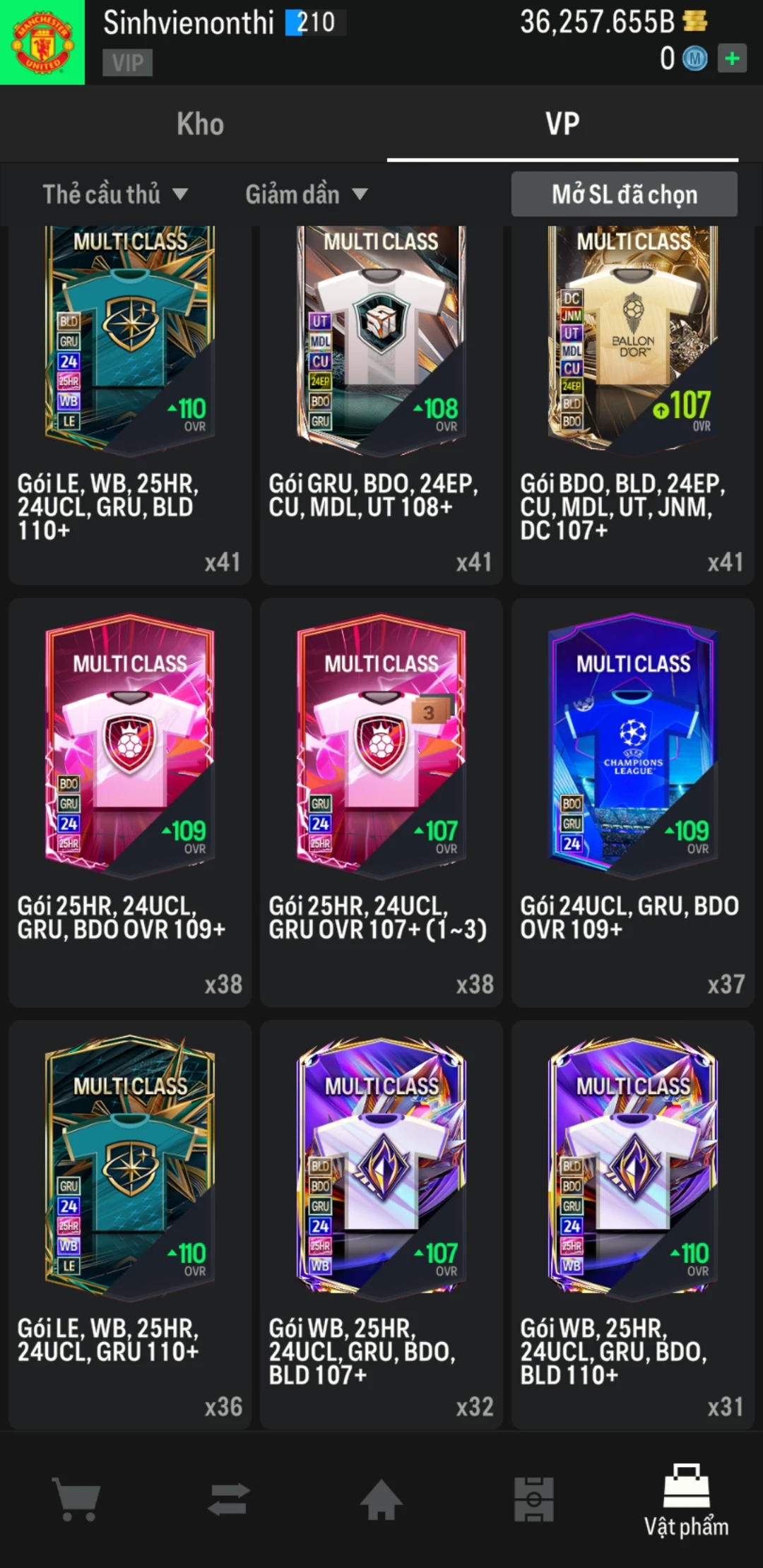 Ảnh ACC mở thẻ (LOẠI SVIP) gồm 1500+ đến 1800+ thẻ cầu thủ từ Siêu sao đến Miền núi các loại. Có sẵn BP trắng từ 26.000 tỷ BP đến 36.000 tỷ BP